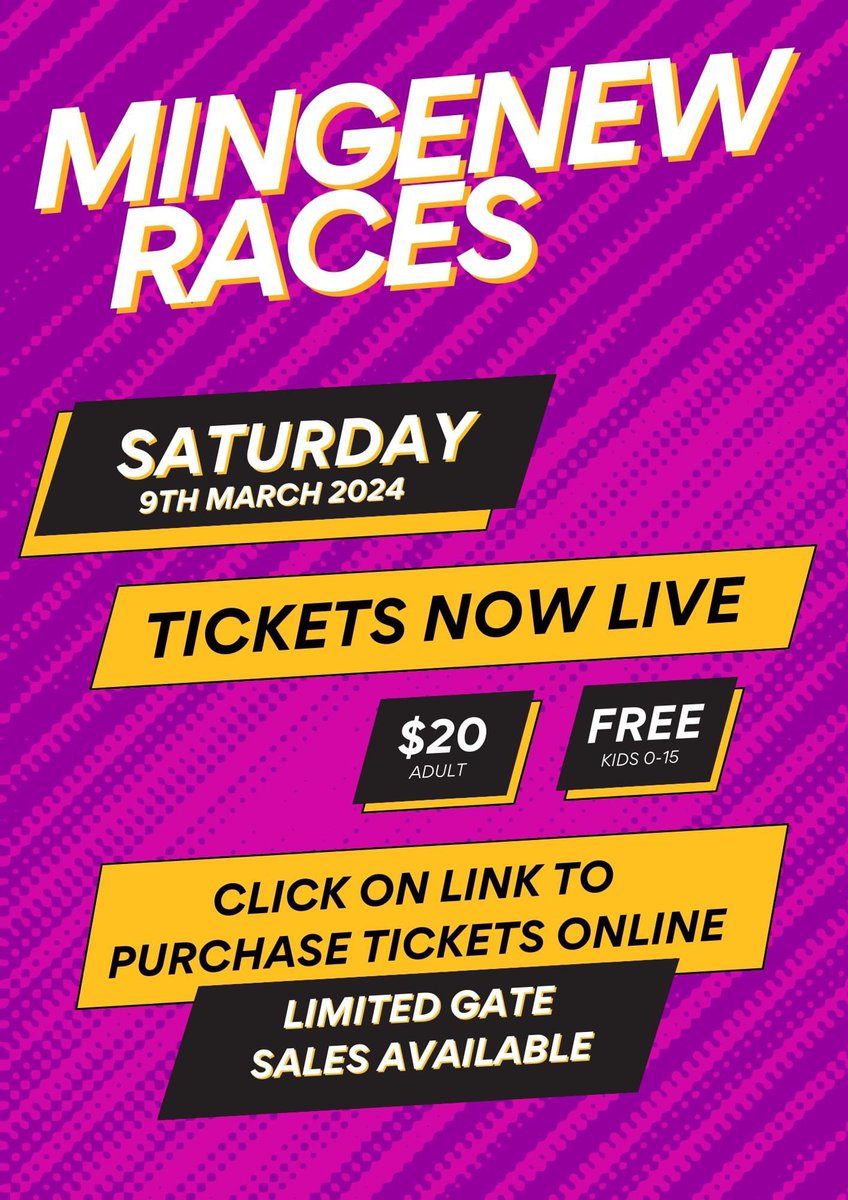 🐎 TICKETS ARE LIVE - 2024 Mingenew Races 🐎

Limited gate sales available on the day.

Kids up to 15years old FREE - no ticket required.

Click on the link to purchase your tickets online:
eventbrite.com/e/mingenew-rac…