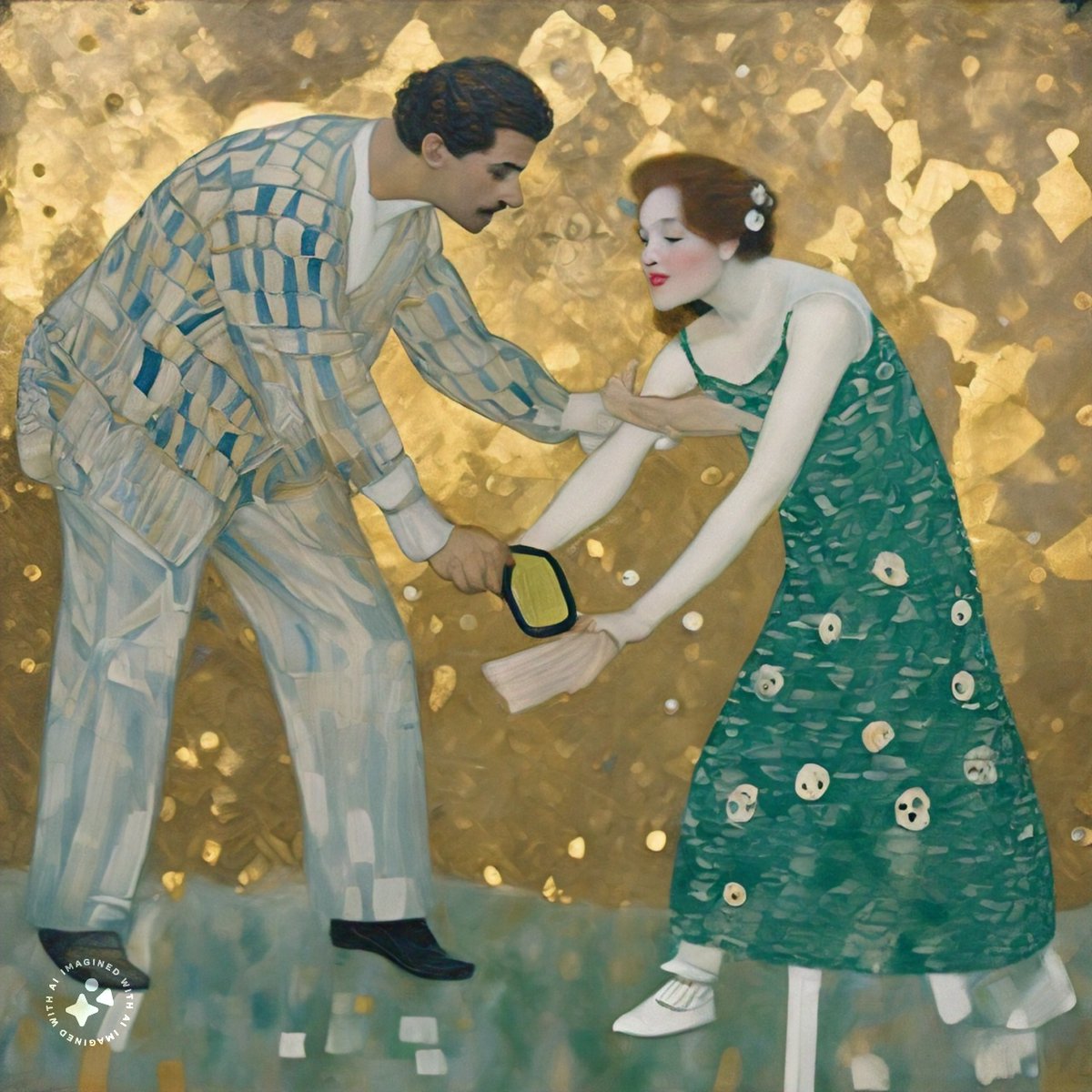 pjuang's tweet photo. Anachronistic AI Art.  Style of Klimt's golden phase.  A couple playing pickleball.  Stylized, abstract.

Imagine with Meta AI https://t.co/YkTiibU3Cl