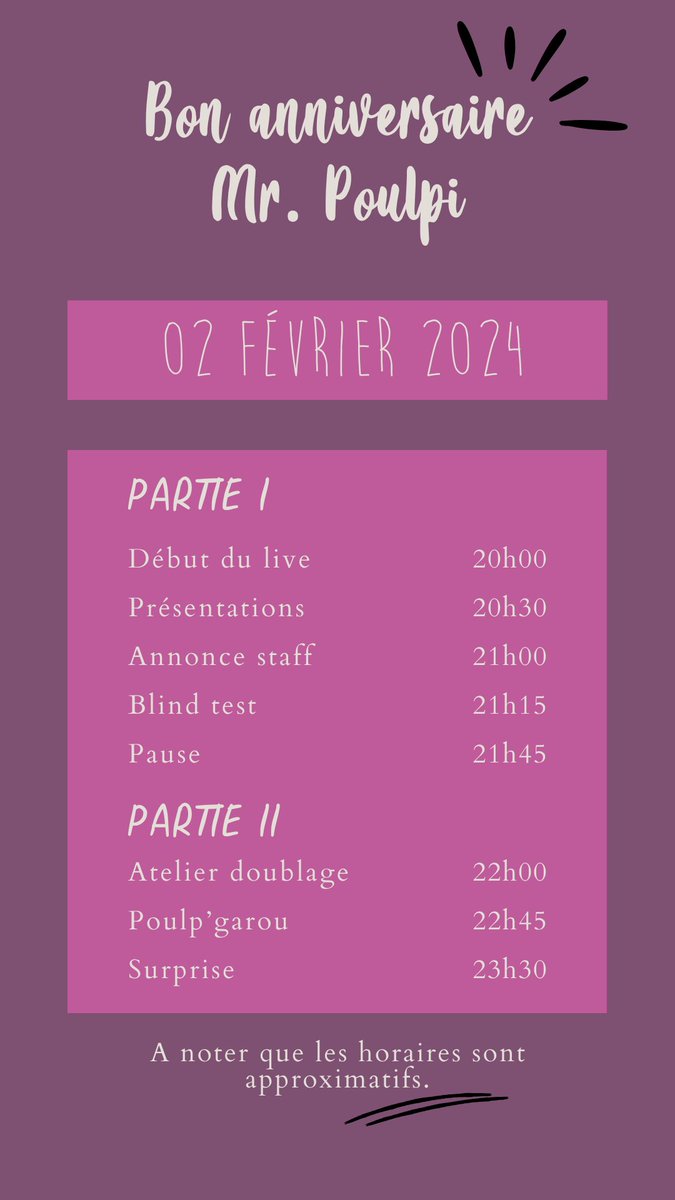 VoxPoulpi's tweet photo. Nous fêtons aujourd'hui les 3 ans de Vox Poulpi !
Au programme, pleins d'activités en rapport avec le milieu artistique et même une partie de Poulpe Garou avec quelques copains ! Une surprise vous attend à la fin :) 
Voici le programme !

~Lucy~ https://t.co/5LitqJzrYl