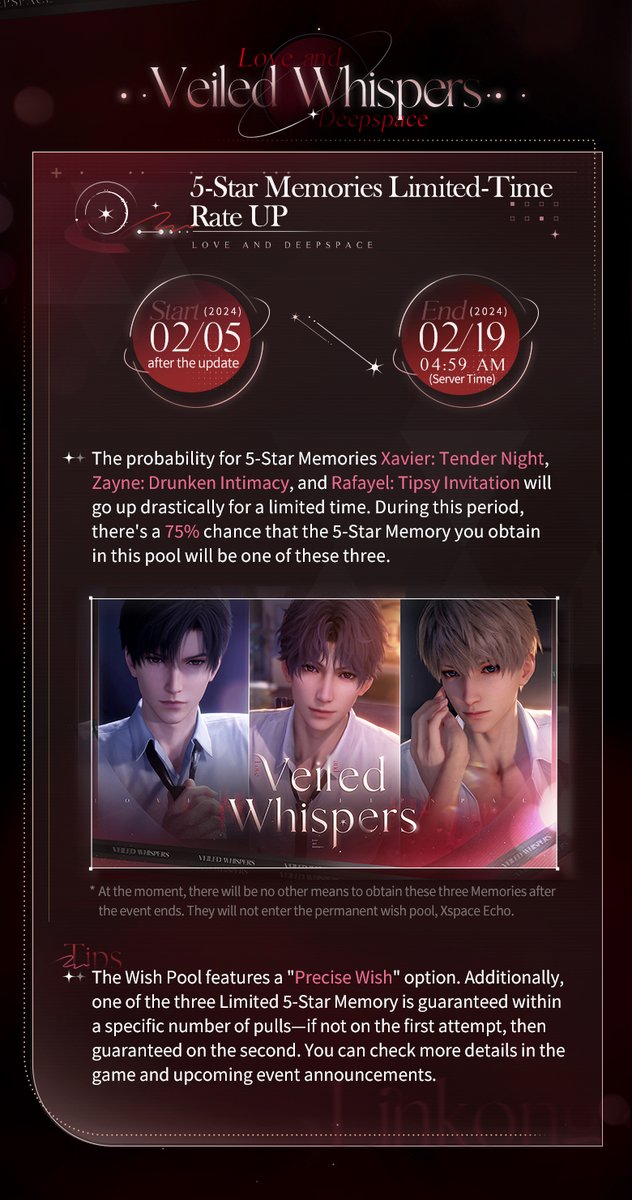 Love_Deepspace's tweet photo. Love and Deepspace | Update Preview
Valentine's Day is approaching, and we've prepared an overview of the upcoming events to help you stay on top of the schedule!
For more event details, please check out the photo. If you prefer to view the information in a complete infographic, click the link below to read the article on our official website.
■ https://t.co/XNiH7qhiyu

■ Love and Deepspace has been officially released!
■ Download Now: https://t.co/kWi61kgZYq
■ Traversing Deepspace, Be With You.

#LoveandDeepspace