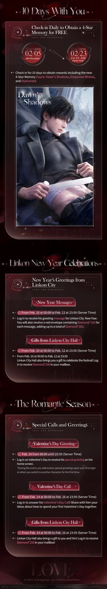 Love_Deepspace's tweet photo. Love and Deepspace | Update Preview
Valentine's Day is approaching, and we've prepared an overview of the upcoming events to help you stay on top of the schedule!
For more event details, please check out the photo. If you prefer to view the information in a complete infographic, click the link below to read the article on our official website.
■ https://t.co/XNiH7qhiyu

■ Love and Deepspace has been officially released!
■ Download Now: https://t.co/kWi61kgZYq
■ Traversing Deepspace, Be With You.

#LoveandDeepspace