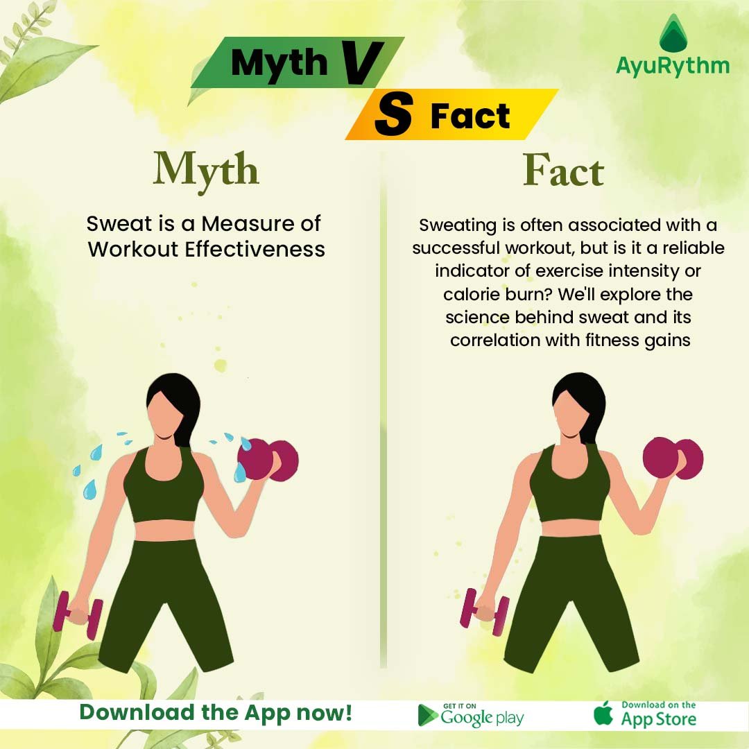 Myth Busted: Sweat doesn't always mean a killer workout! Explore the science behind it. Ready to rethink your fitness game? 📲 Install the App Now❗️ Android: bit.ly/3T6iW0a IOS: apple.co/42dStl . . . #AyuRythm #FitnessMyths #SweatScience #WorkoutIntensity