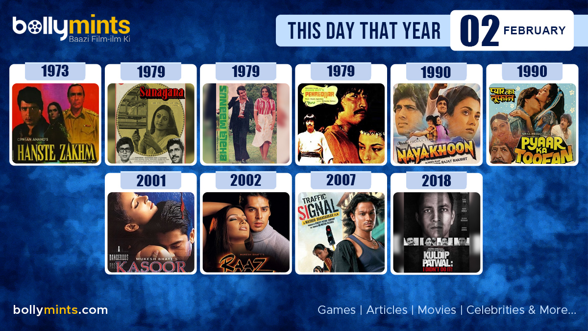 Here are the few #BollywoodMovies released on this day. Stay tuned at bollymints.com for more #updates #ThisDayThatYear #2February #HansteZakhm #Sunayana #BhalaMaanus #Pehredaar #NayaKhoon #PyaarKaToofan #Kasoor #Raaz #TrafficSignal #KuldipPatwal