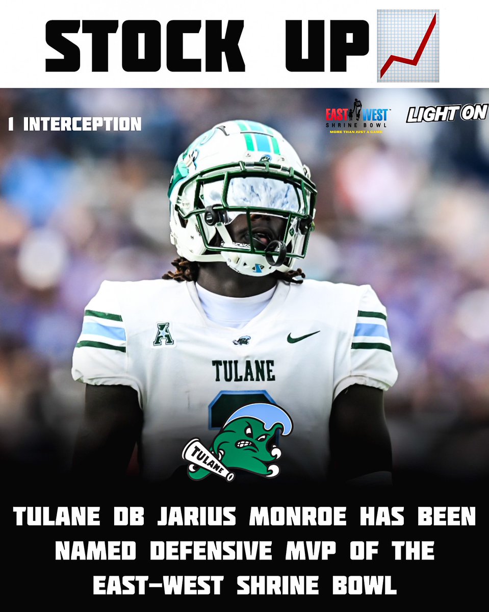 Tulane DB Jarius Monroe has been named Defensive MVP of the East-West Shrine Bowl. 📈🔥 He recorded an interception in Team West 26-11 win over Team East, to cap off an impressive week in front of NFL scouts. @jayboedagoat @GreenWaveFB @ShrineBowl 📸: Tulane Athletics