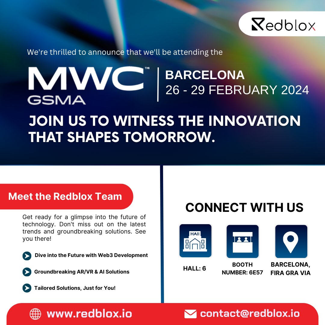 RedBloxIO's tweet photo. Redblox is all set for #MWC24, poised to unveil the future!

Join us at 🏛️Hall-6, Booth Number - 6E57

Book a Meeting: https://t.co/v4jHh1U7EQ

#Redblox #Innovation #MWC24 #VR #Metaverse #AI #FutureTech #MWCBarcelona #mobileworldcongress #technology #digitaltransformation #GSMA https://t.co/wT7lBp59Fy
