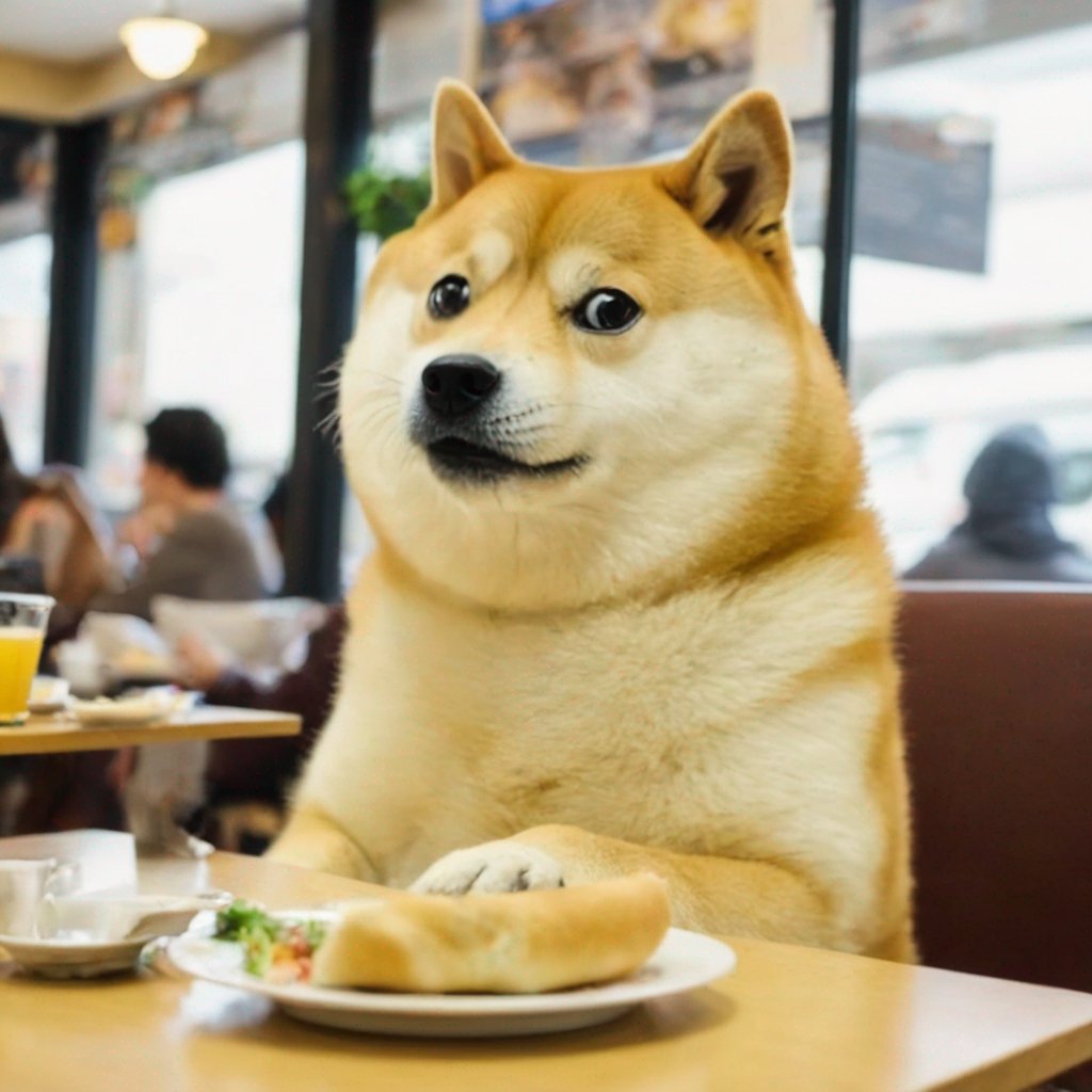 mightyfanforce's tweet photo. Just $Doge enjoying lunch at a cafe, have you had your lunch yet? 

#Dogecoin #Crypto #AIArtwork #AImodel https://t.co/niSXUgfamQ