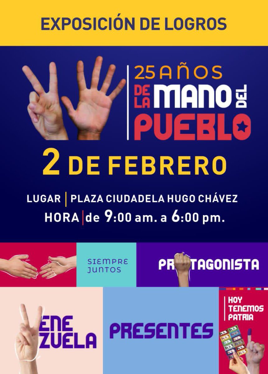#Enterate
Este viernes inicia exposición de logros en estos 25 años junto al pueblo desde la Plaza Hugo Chávez de la Ciudadela Hugo Rafael Chávez Frías Mcpio #SanFelipeMeGusta
<a href="/NicolasMaduro/">Nicolás Maduro</a> 
<a href="/MervinMaldonad0/">Mervin Maldonado</a> 
<a href="/jhoagaby/">Jhoanna G Carrillo M</a> 
<a href="/JLEONYARA/">JULIO LEÓN</a> 
<a href="/roggerdaza/">Rogger Daza</a> 
<a href="/jennysomosvzla/">jennysomosvzla</a>
<a href="/MSVEnLinea/">Somos Venezuela | MSVEnLinea</a>