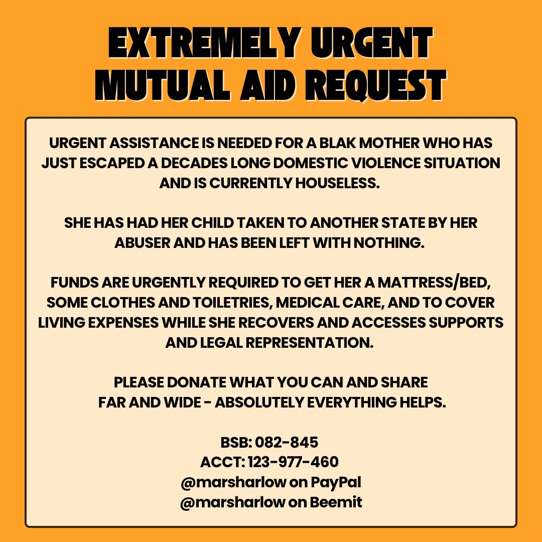 📣📣📣 EXTREMELY URGENT MUTUAL AID REQUEST FOR A BLAK MOTHER WHO HAS ESCAPED A DECADES LONG DOMESTIC VIOLENCE SITUATION AND IS CURRENTLY HOUSELESS. 

DONATE, SHARE AND BOOST FAR AND WIDE! 

#MutualAid #MutualAidRequest #PayTheRent