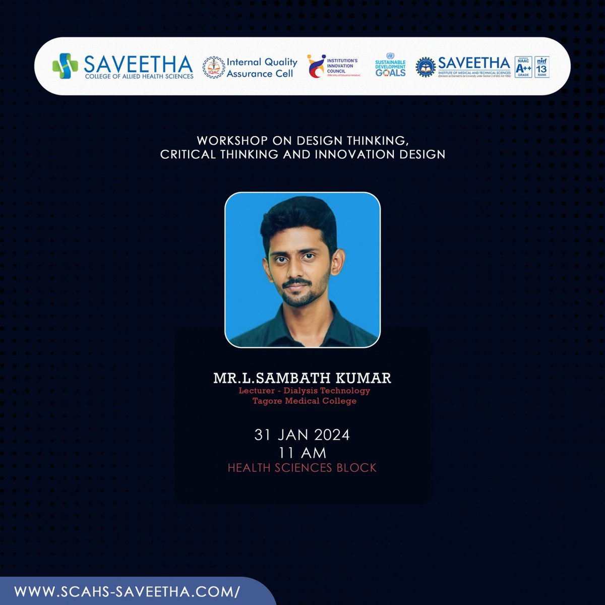 SIMATS_IIC's tweet photo. Saveetha college of Allied Health Sciences conducted a workshop on design thinking, critical thinking and innovation design on 31 January 2024
#scahs #iic #simats #mhrdinnovationcell #saveethabreeze #Vicechancellor Simats https://t.co/aCARnpfK9r