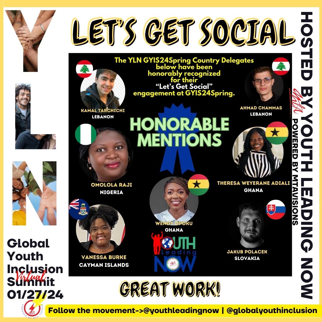 gyissummit's tweet photo. @YouthLeadingNow honorably recognizes the Country Delegates below!

Applaud these engaged delegates of Lebanon, Nigeria, The Cayman Islands, Ghana, and Slovakia.👏 

Comment🎉if you see your name or country!
#GYIS24Spring
#YouthInclusion
#YouthLeadingNow
#PoweredByMTAVisions https://t.co/koejX6hXav