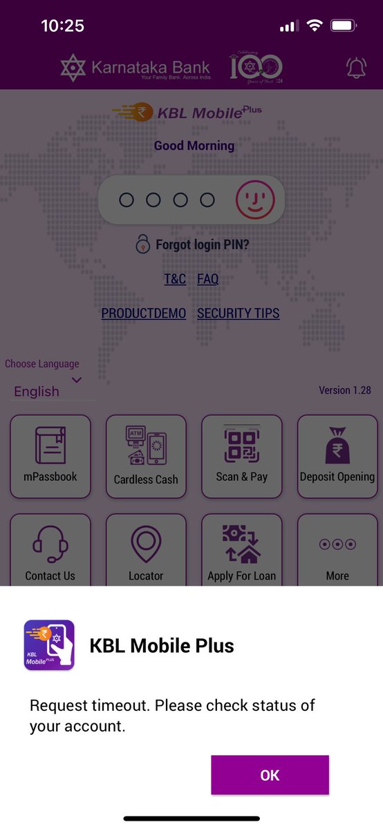 singhdav's tweet photo. @KarnatakaBank your KBL mobile plus app not working since morning and getting timeout message. https://t.co/cc6SU1cQMI