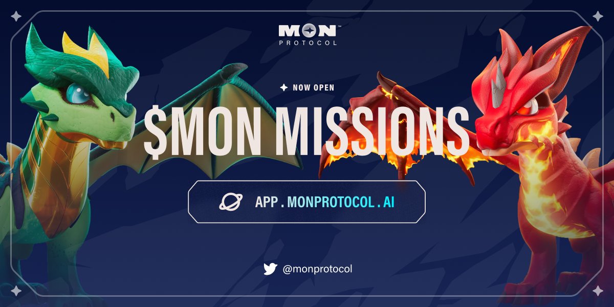 MON PROTOCOL MISSION PLATFORM LAUNCH

app.monprotocol.ai/questing

Earn $MON Mission Points by completing Missions

Here’s how it works:
1. Connect your Twitter account.
2. Complete missions and spin the wheel daily to collect Mission Points.
3. You will also be given a unique
