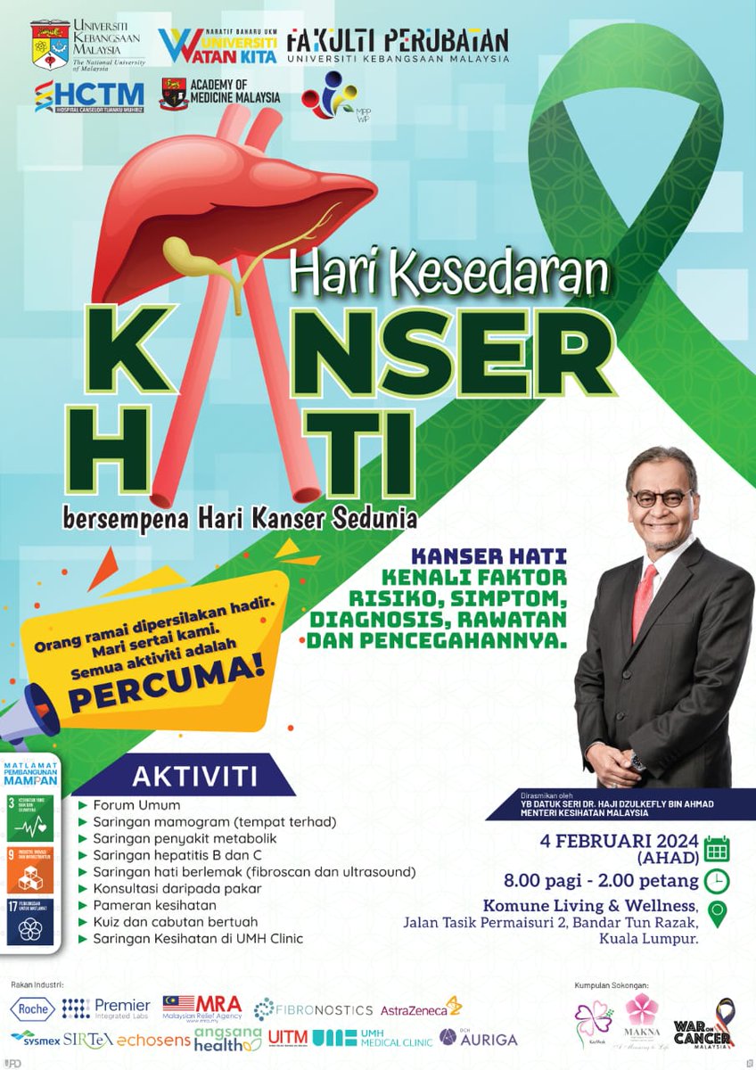 hctm_ukm's tweet photo. Program Hari Kesedaran Kanser Hati Sempena Hari Kanser Sedunia akan diadakan pada butiran berikut:
Tarikh : 4 Februari 2024 (Ahad)
Masa : 8.00 pagi hingga 2.00 petang
Tempat: Komune Living and Wellness, Bandar Tun Razak, Kuala Lumpur
#HCTM #UKM #BetterFasterFriendlier https://t.co/XGoeOY4rnG