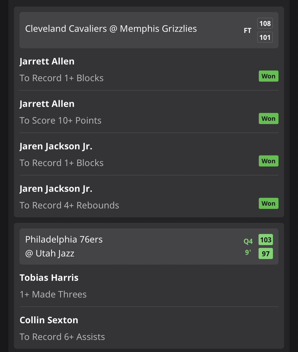 FIRST LEG FLYS IN💥💥💰

Jackson and Allen win 3 Blocks a piece😱

Tobias Harris struggling from 3pt (0-4), and Sexton needs 1 assist😰 Need a bit of luck in this final quarter 🤞💰
