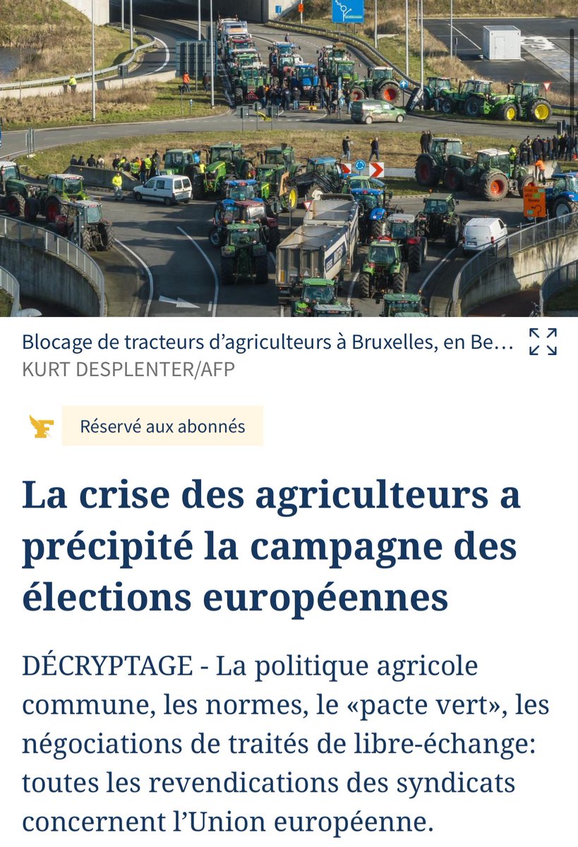 (Suite)
✅ Sous pression des États membres, l’Union européenne tente d’apaiser la colère du monde agricole
lefigaro.fr/actualite-fran…

✅ La crise des agriculteurs a précipité la campagne des élections européennes 
lefigaro.fr/actualite-fran…