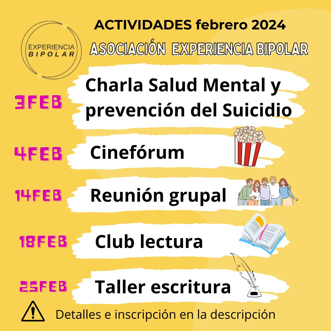 Nuevo mes, nuevas #actividades. Para participar en alguna de ellas (o todas), visita nuestra web y regístrate en la que te interese. ¡Te esperamos!

experienciabipolar.org/actividades-fe…

#AEB #febrero
#psicoeducación #psicología
#saludmental #trastornobipolar
#AsociaciónExperienciaBipolar