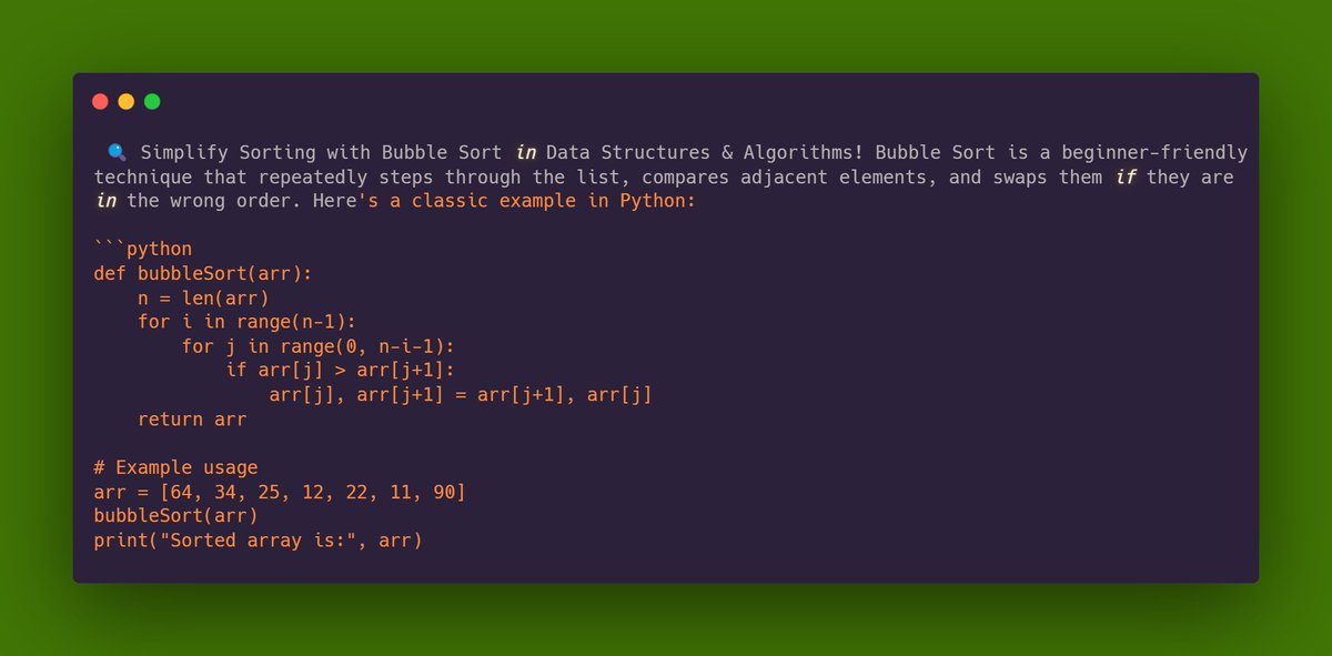 🎓 Perfect for educational purposes and understanding the basics of sorting algorithms!

#DSA #BubbleSort #PythonCoding #Algorithms #ProgrammingBasics #TechEducation