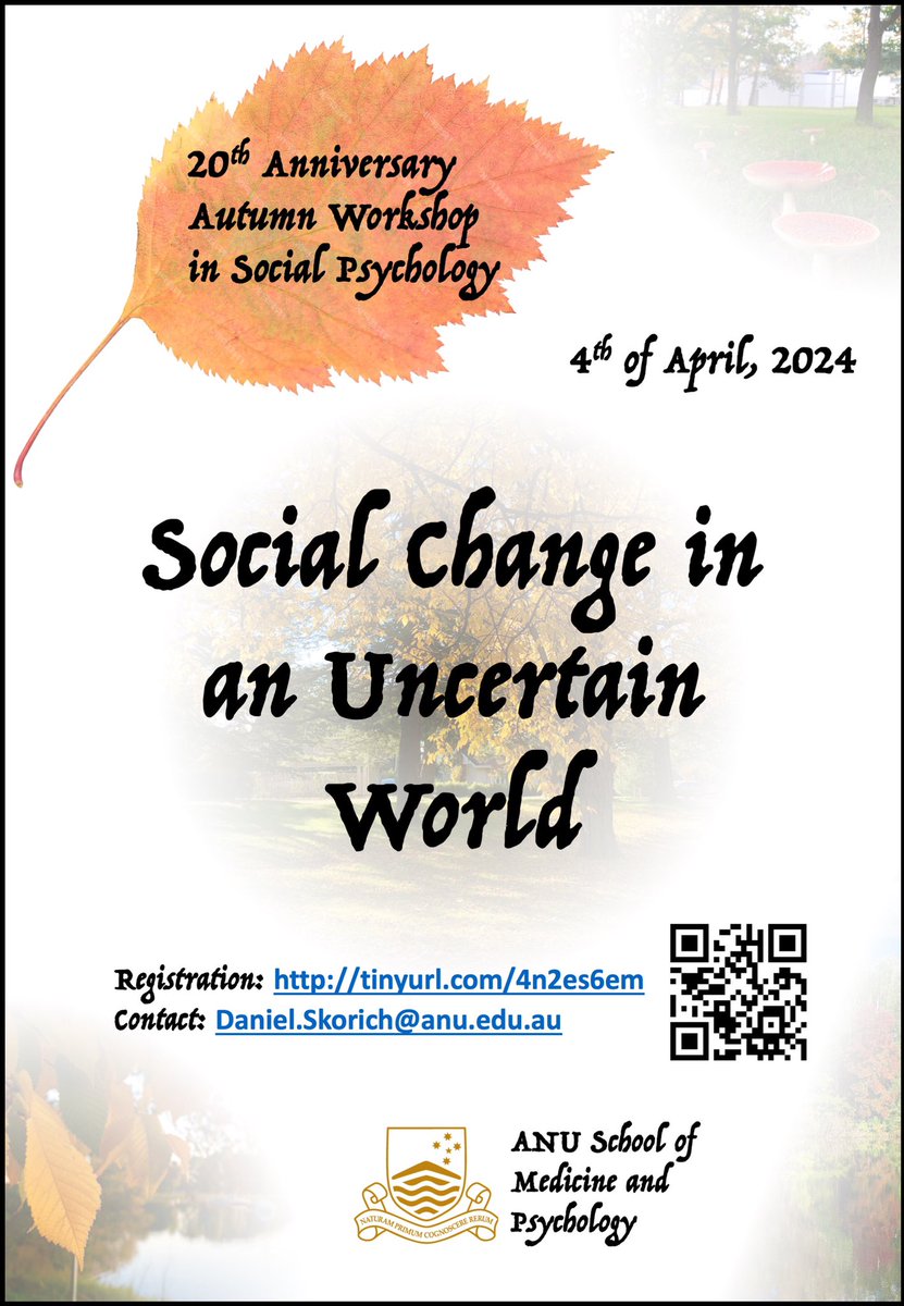 Join us in Canberra on the 4th of April for the ANU Autumn Workshop in Social Psychology on “Social Change in an Uncertain World”. We have a great lineup, speaking on such topics as gender, climate change, allyship &amp; more. To register: tinyurl.com/4n2es6em
(Spots are limited)