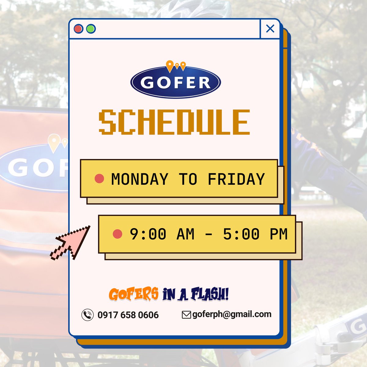 GoferBike's tweet photo. Check out our GOFER schedule. Book now!
#GofersInAFlash https://t.co/imsZ3B4I8P