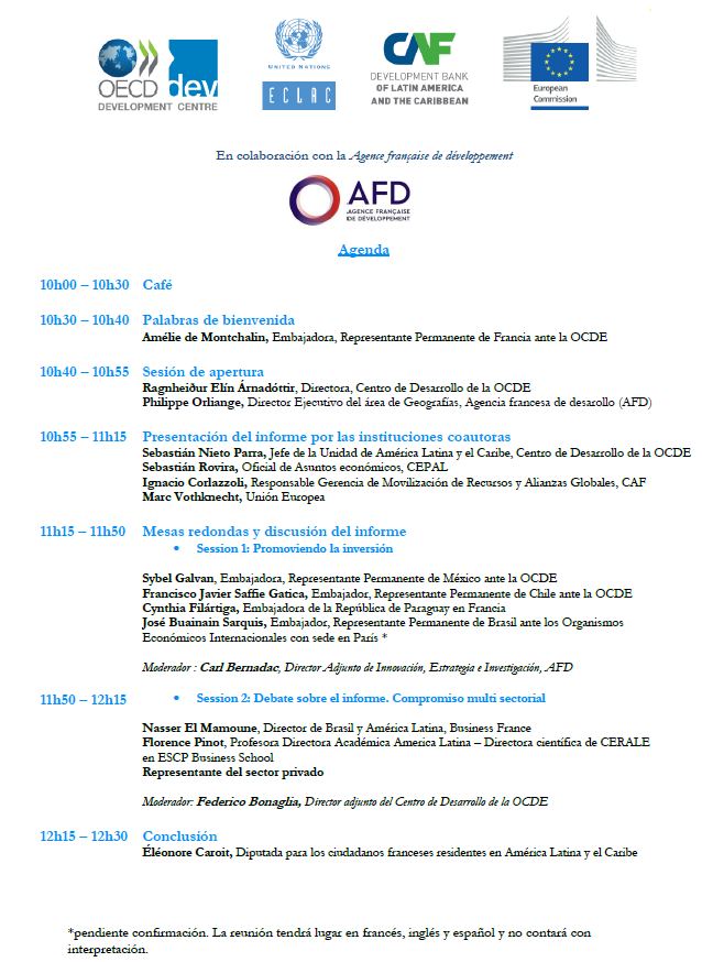 Este miércoles 7/2 presentamos en París nuestro informe Perspectivas económicas de América Latina: Invirtiendo para un Desarrollo Sostenible.

A las 10.30h, en la sede de <a href="/AFD_France/">Agence Française de #Développement (AFD) 🇫🇷 🇪🇺</a>
📖oe.cd/LEO
👇 la agenda: con <a href="/OECDdev/">OECD Development</a> <a href="/cepal_onu/">CEPAL</a> <a href="/AgendaCAF/">CAF</a> <a href="/EU_Commission/">European Commission</a>  y más!
