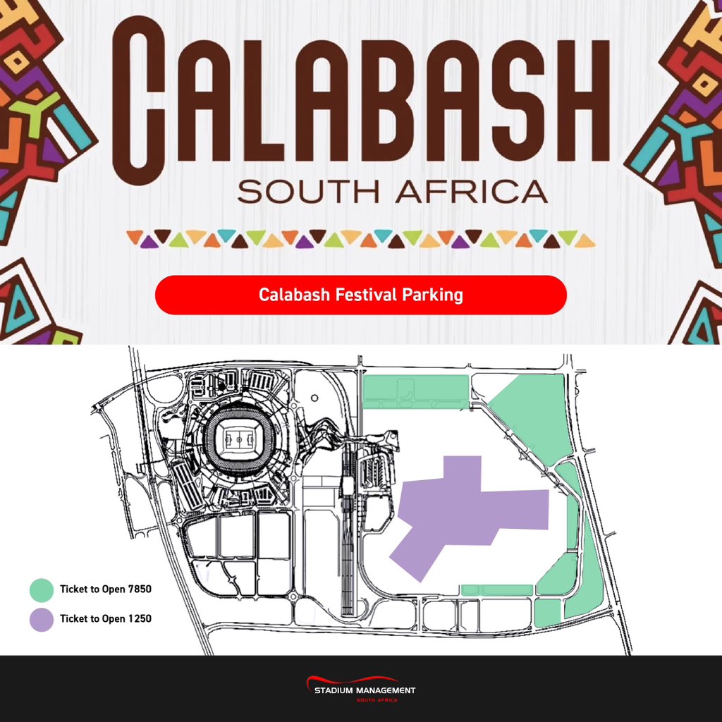 There will be pre-paid parking available for Calabash South Africa. Please note that you need to book your parking ticket BEFORE the event. To book a parking ticket visit ticketmaster.co.za/event/1923 #SMSA #FNBStadium #calabashsouthafrica