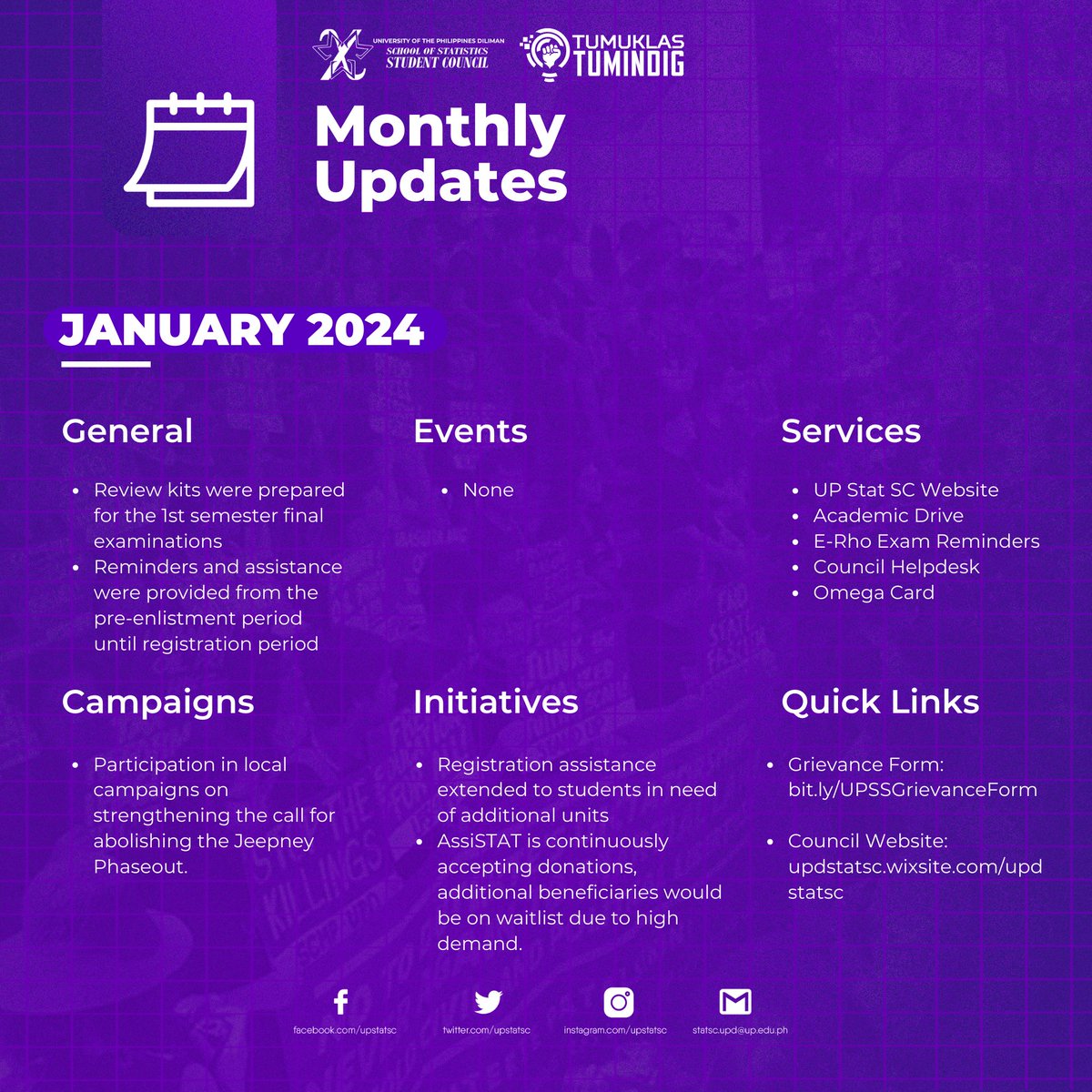 UPStatSC's tweet photo. MONTHLY UPDATES | JANUARY 2024

With its commitment to uphold transparency and accountability, the UP Stat SC presents the updates for the month of January.

#TumuklasTumindig https://t.co/eIzB4WaTou