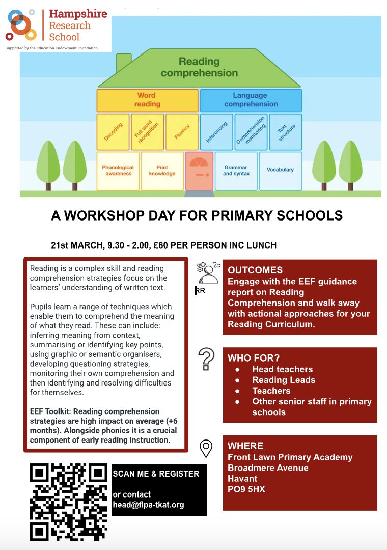 Book onto this one day conference to explore the EEF guidance on Reading and how it can be applied to the classroom.  <a href="/EducEndowFoundn/">EEF</a>  <a href="/TKATAcademies/">TKAT: Achieving More Together.</a> <a href="/TKATLDN/">TKAT Learning & Development Network</a> <a href="/HantsPriSLT/">Hants Primary SLT</a> 
You can book on via our website.  researchschool.org.uk/hampshire/even…