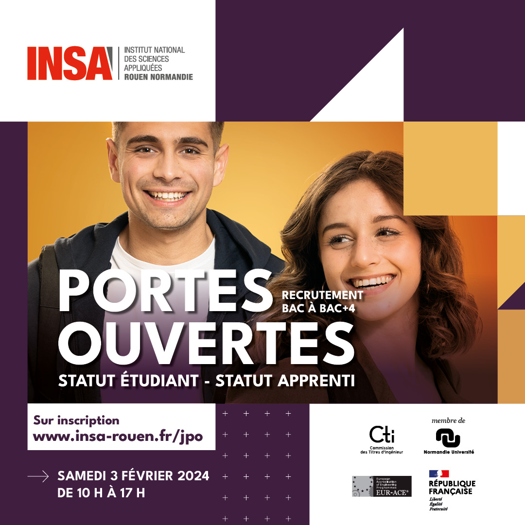 J-1 // Portes ouvertes <a href="/insarouen/">INSA Rouen Normandie</a> Normandie
Samedi 3 février 2024 de 10 h à 17 h
Recrutement BAC à BAC+4
Stands et visites 
S'inscrire sur le site de l'école
insa-rouen.fr
#jpo2024 #insarouennormandie