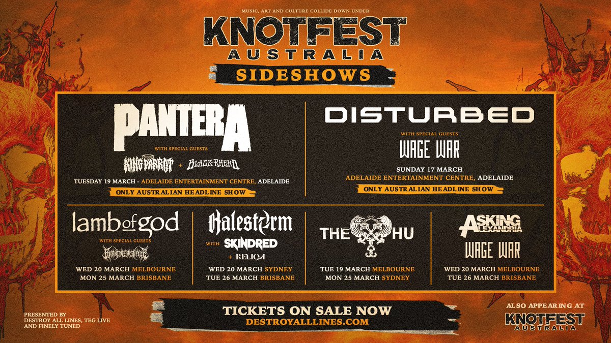 Knotfest sideshows..... @Pantera and @Disturbed Adelaide shows plus other packages involving @lambofgod @Halestorm @TheHuOfficial @AAofficial @WageWar @Skindredmusic Brand of Sacrifice, @KINGPARROTBAND @reliqaband & @BlackRhenoBand 🎪knotfestau.com/Sideshows24