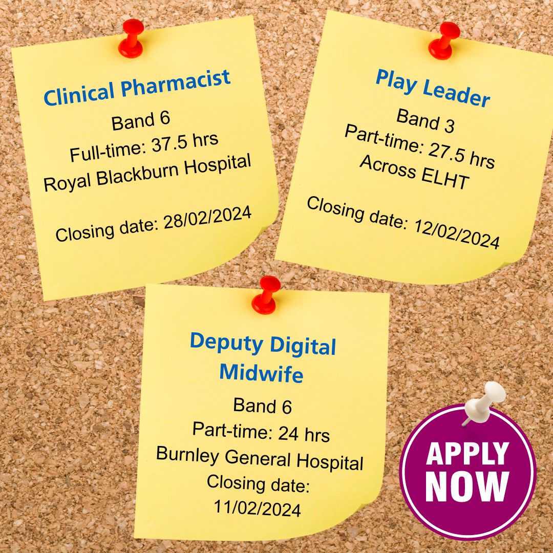 We have a number of job opportunities at ELHT, including...

💊 Clinical Pharmacist
🧸 Play Leader
🤰 Deputy Digital Midwife
🏥 And more...

Visit our website to find out more: buff.ly/3s0fTOd