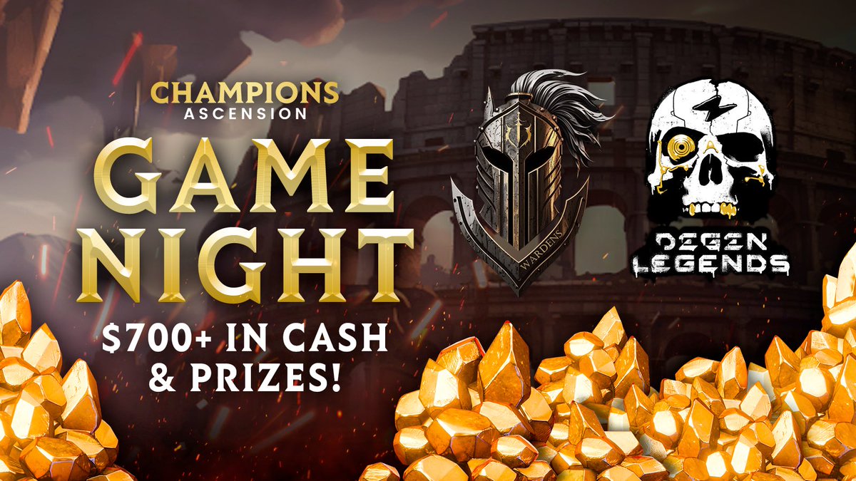The Wardens x @DegenLegends: 
<a href="/ChampionsIO/">Champions Ascension</a> Onboarding⚡️

We’re joining forces with @DegenLegends &amp; <a href="/ChampionsIO/">Champions Ascension</a> for a $700+ Game Night in readiness for their $15,000 Legendary Crystal event mid February💠

⏱️3rd Feb, 6PM UTC
🌍Wardens Discord
🏆$700+ in prizes   ⬇️