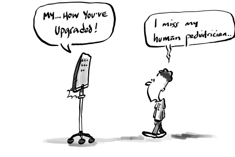 drmaypole's tweet photo. In the near future, the limits of #AIwill be tested in engaging #patients...will folks connect with a robodoc? And will it be different w @Kids? #graphicmedicine @davembmd @metrokitty @Kriota @usnehal https://t.co/S7d2iWRXm9