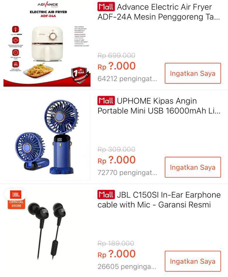 FLASHSALE RP 1.000⏰18:00 WIB

Advance Electric Air Fryer ADF-24A Mesin Penggoreng
shope.ee/2L9j07DmZ1

UPHOME Kipas Angin Portable Mini USB 16000mAh Lipat 
shope.ee/1Vac0aGxFs

JBL C150SI In-Ear Earphone cable with Mic - Garansi Resmi
shope.ee/1LHBoHHaar