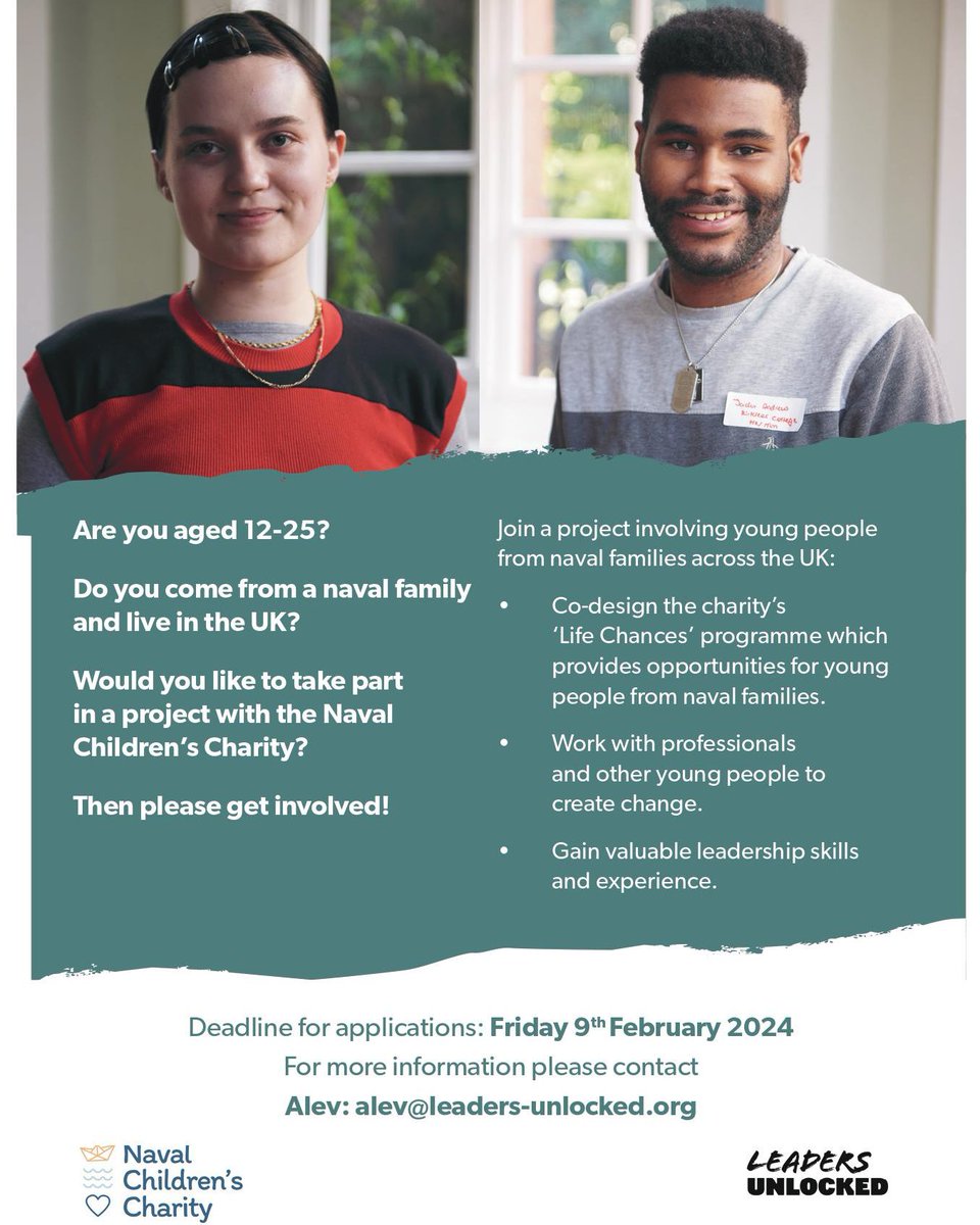 Are you aged 12-25?

Are you from a naval family?

Then  please get involved & influence what you & your peers can take advantage of, whilst gaining valuable leadership skills.

Find all the details here: navalchildrenscharity.org.uk/4550/ #leadersunlocked #InspireChange #HaveAnImpact