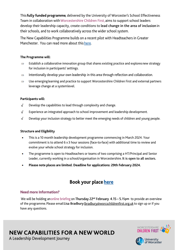 Calling all #Headteachers and #SchoolLeaders in #Worcestershire.
New fully funded leadership development programme  @worcester_uni  in collaboration with @WorcsChildren  
Places are limited. Book your places by 29th Feb
here rb.gy/p61356