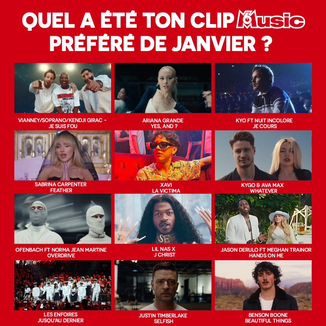 M6MusicOfficiel's tweet photo. Quel est ton clip préféré de Janvier ? ❤️
Dis-nous en commentaire ton ou tes clips préférés ! 
♦️@vianneymusique @sopranopsy4 @kendji #jesuisfou
♦️#arianagrande #yesand
♦️@kyo_officiel @nuitincolore #jecours
♦️@SabrinaAnnLynn #feather
♦️#xavi #lavíctima https://t.co/evHVZlLsoz