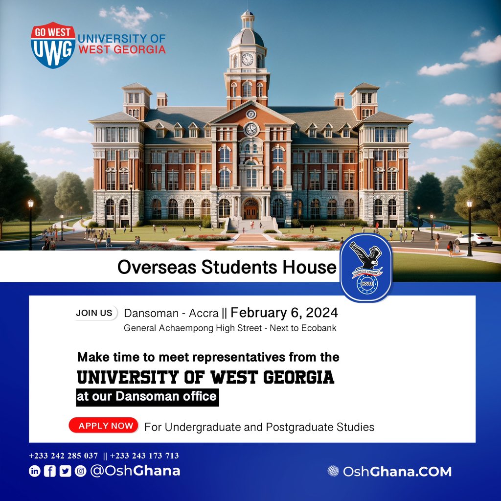 OshGhana's tweet image. Do you have inquiries about studying in the USA 🇺🇸? Kindly meet representatives of the University of West Georgia at our Dansoman office on 6th February 2024. #OSHGhana #studyinUS #StudyAbroad