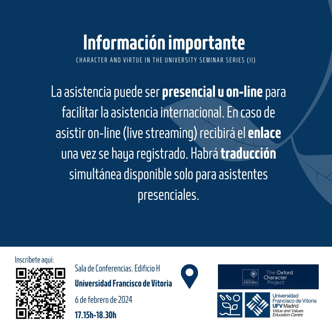 CEV_ufv's tweet photo. Os invitamos a nuestro próximo seminario, el día 6 de febrero de 17.15 - 18.30 h, "Cultivating virtue in the university. Deepening the why and how" impartido por Edwars Brooks.

Contará con traducción simultánea para quienes asistan presencialmente. ¡No te lo pierdas! https://t.co/sthuZCLKZJ