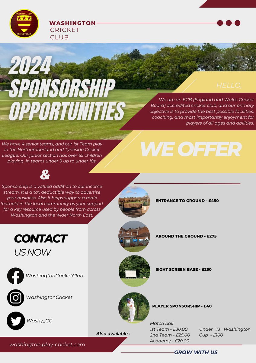 ❗️ 2024 sponsorship ❗️ We are pleased to announce our sponsorship opportunities for the 2024 season! 🏏If you are interested or would like more information, please don’t hestitate to get in touch via our socials🏏