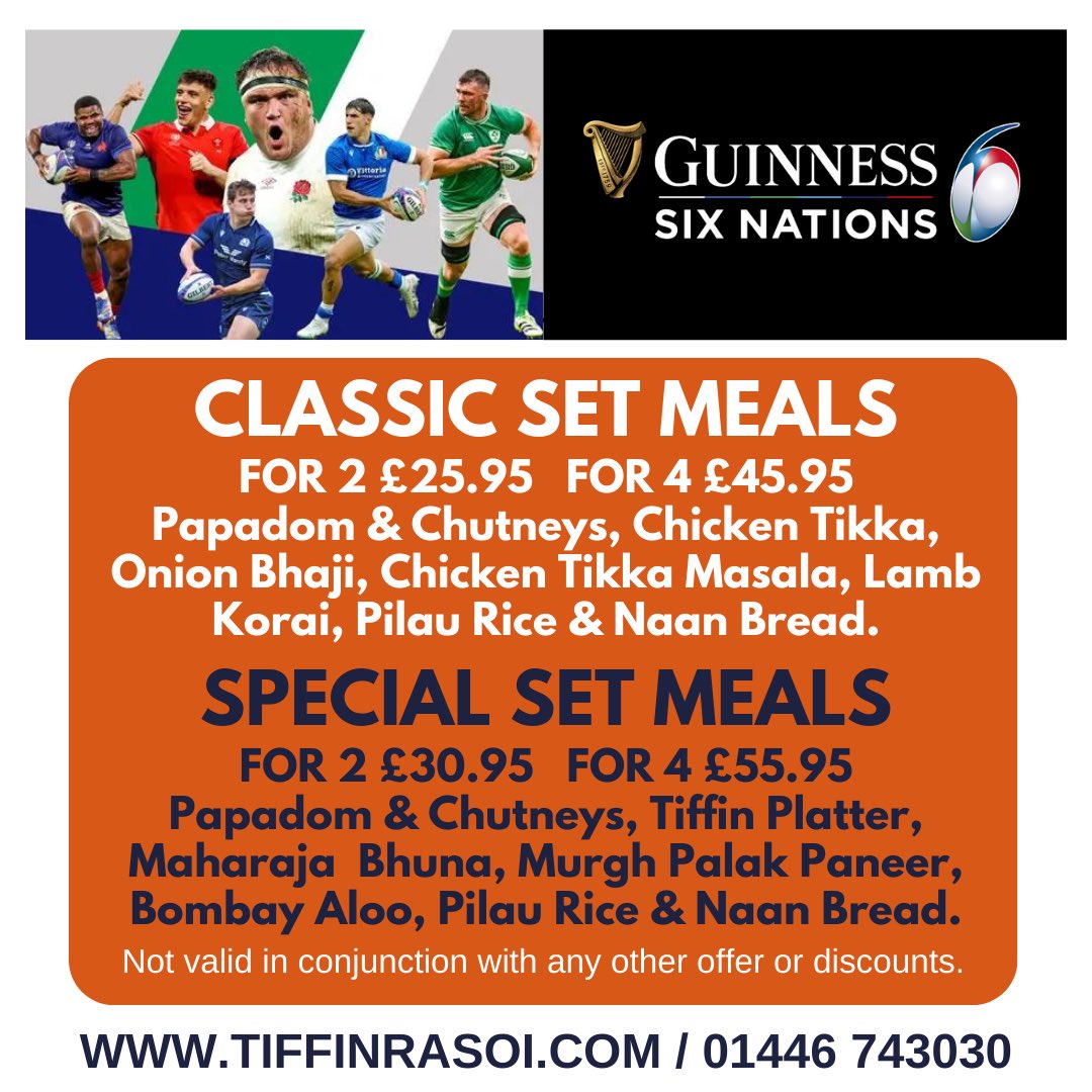 Pre Order Online at tiffinrasoi.com 
Or Call 01446 743030 - Open 5pm