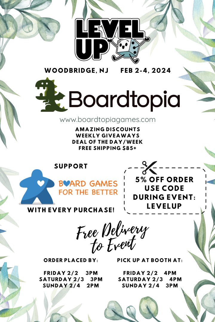 Join us and non-profit organization Board Games for the Better at LevelUp Retreat in Woodbridge, NJ Feb 2-4, 2024. Visit the booth and help support their incredible mission for a better community! Use code LEVELUP for 5% off, pick up at the booth by selecting local pickup option.