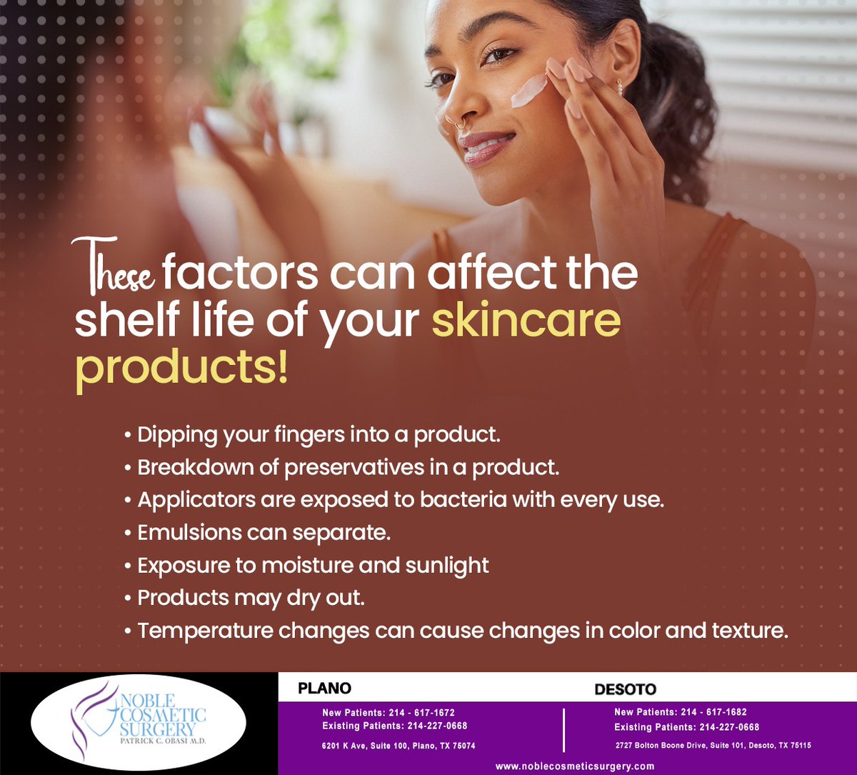 DrPatrickObasi's tweet photo. So, how  can you keep your cosmetics safe? Throw away dry mascara, avoid sharing  makeup, keep containers and applicators clean, and store your cosmetics  properly. #skincare #boardcertifiedcosmeticsurgeon  #patientsafety #patientsatisfaction  #cosmeticsurgeon  #drobasi https://t.co/svNm6sNSAX