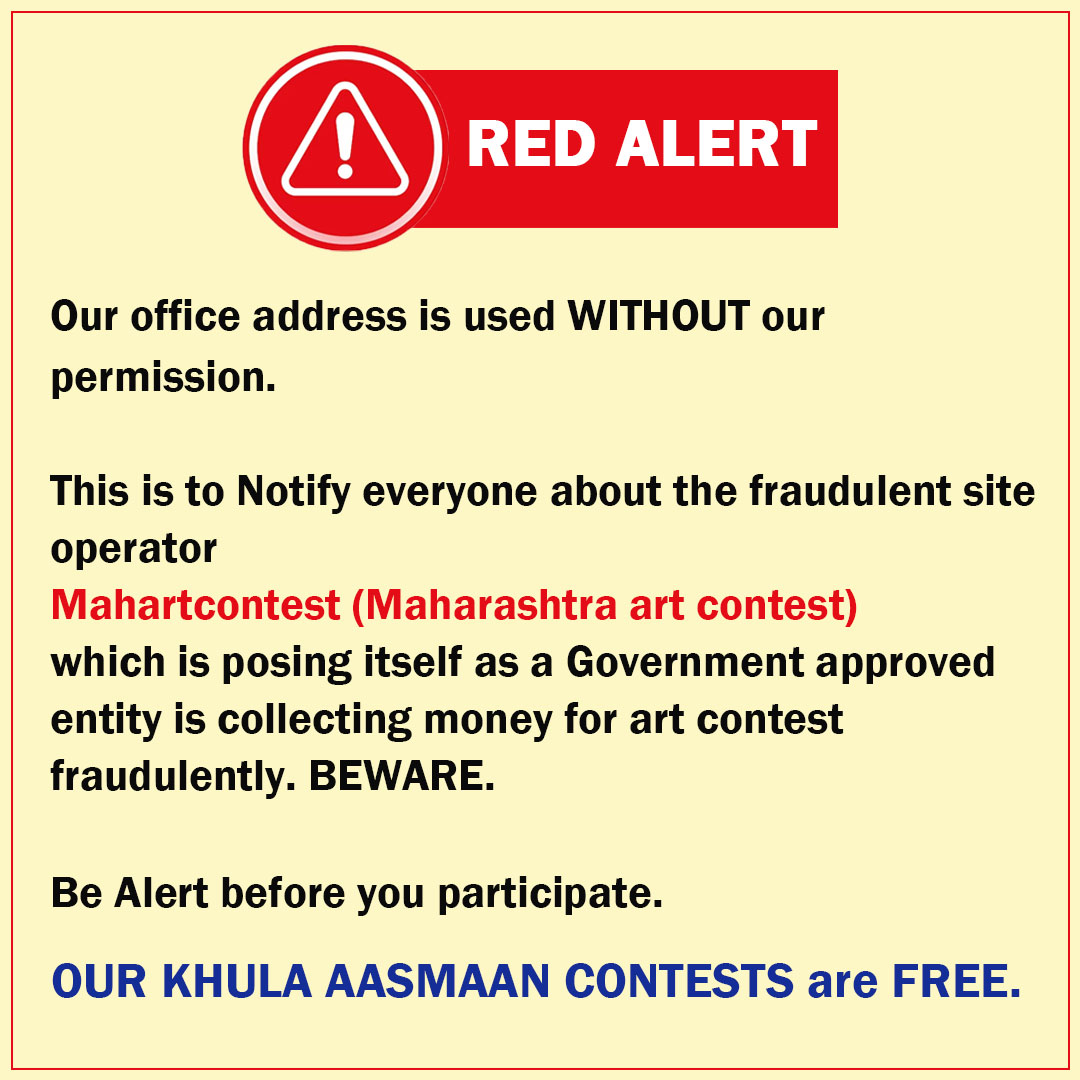Indiaart's tweet photo. RED ALERT 
Our office address is used WITHOUT our permission. This is to Notify everyone about the fraudulent site operator Mahartcontest (Maharashtra art contest) which is posing itself as a Government approved entity that is collecting money for art contests fraudulently. https://t.co/CCS2aAnNia