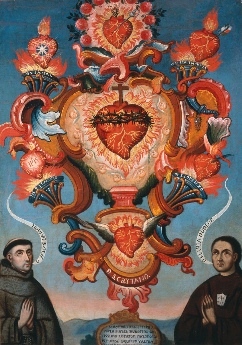 solas_na_greine's tweet photo. Holocausto de Corazones al Sagrado Corazon de Jesus, 17th century Mexican.(Immaculate Heart of Mary; Transverberated heart of Santa Teresa; Charitable heart of San Lorenzo; Ardent heart of San Cayetano;Inflamed heart of San Ignacio;Chaste heart of San Jose, Sacred Heart of Jesus) https://t.co/GmzzD9SFVl