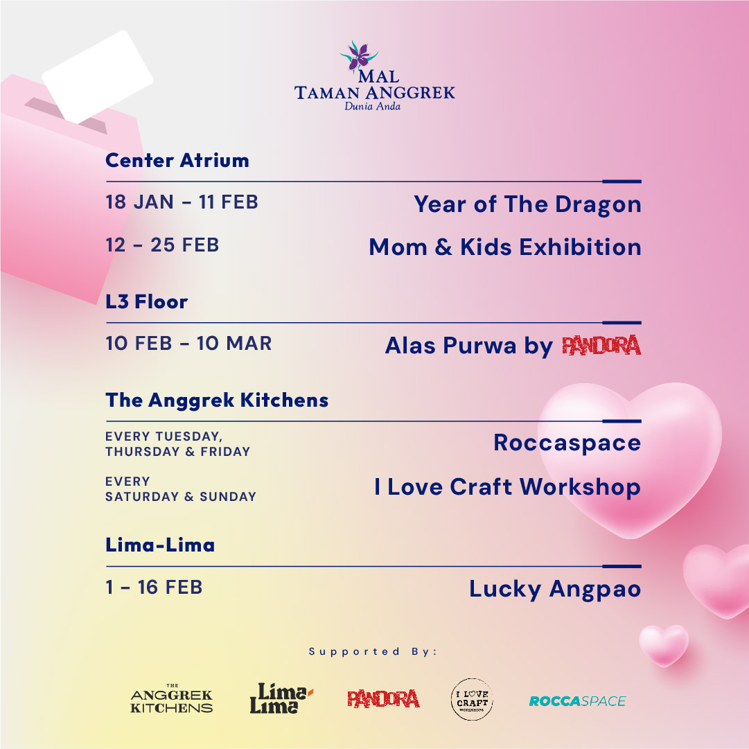 What's on Feb 🩷🗳

February brings a flurry of promotions! 🎉 Don't miss out on our exciting deals and be the first to join the fun! 💼🛍️

#MalTamanAnggrek
#MTAFeb2024
#MTACNY2024