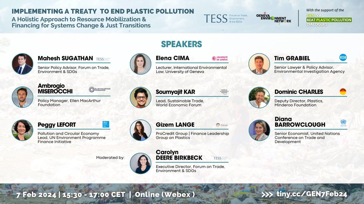 Join this webinar hosted by TESS &amp; <a href="/GENetwork/">GENeva Environment Network</a>!  

Listen in on this discussion ahead of #INC4 on mobilizing both public &amp; private financing for an effective #PlasticsTreaty &amp; just transitions.  

Watch ▶️bit.ly/3Htl9xT