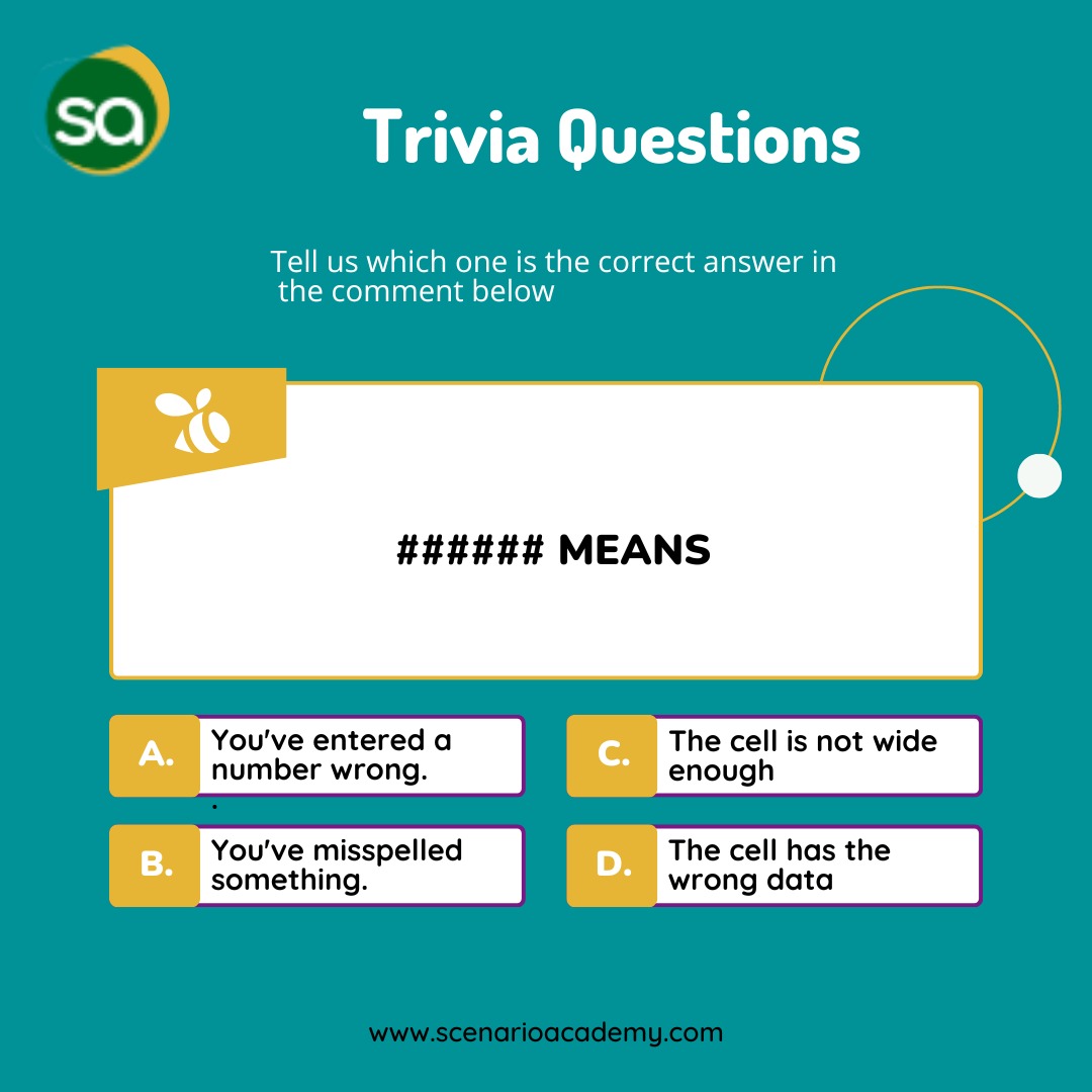 AcademyScenario's tweet image. Test your knowledge with these simple Excel Questions.
Don't forget to tag your friends to try too!
#scenarioacademy #triviaquestions #excelquiz #TGIF