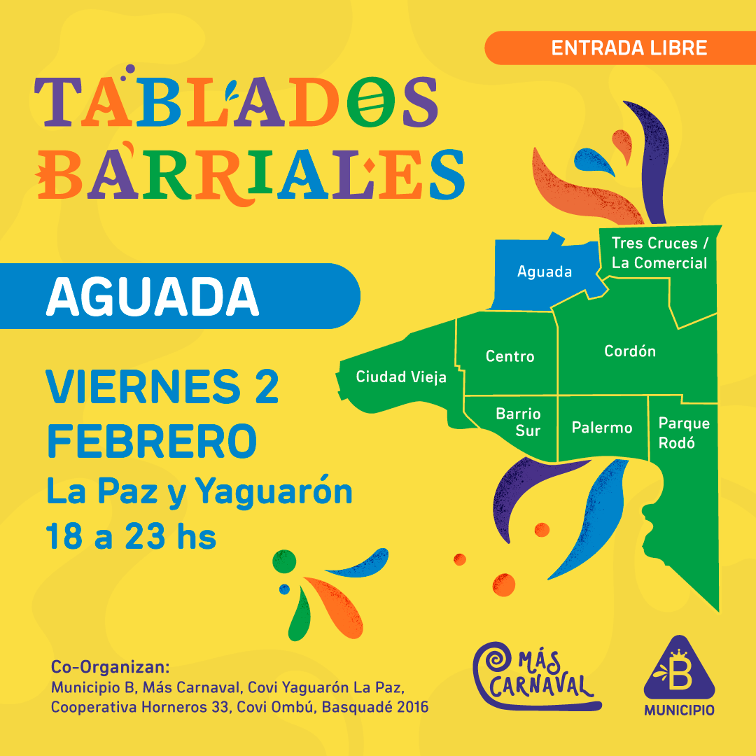 📣 Atención #Aguada 🎊 
Esta noche hay tablado junto a #MásCarnaval: 
#Alternativo, comunitario y barrial 🥳: así es el #CarnavalEnElB 🎉

🗓   Viernes 2/2  
⏰18 a 23 horas
📍 La Paz y Yaguarón
🎟️ Entrada libre 

📲 Info: cutt.ly/IwZPHsY8
