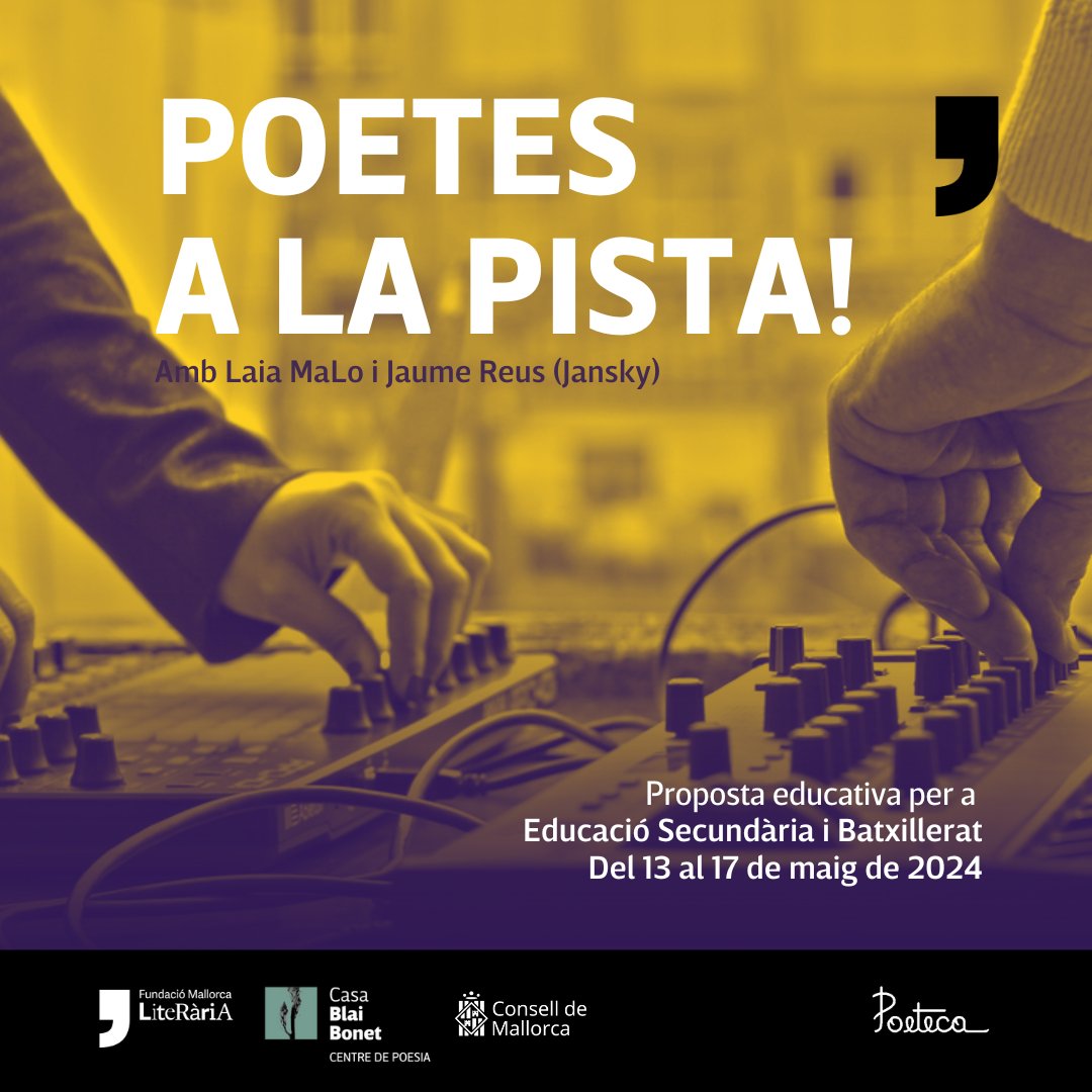 🎶🎤📚POETES A LA PISTA! ⚡️

Professorat de secundària, atenció, perquè tenim una nova proposta educativa de la mà de l'electrovers de @radiojansky 😍

Un taller que combina la música i la creació literària!
📅Disponible del 13 al 17 de maig

Sol·licituds: mallorcaliteraria.cat/ca/fitxa-activ…