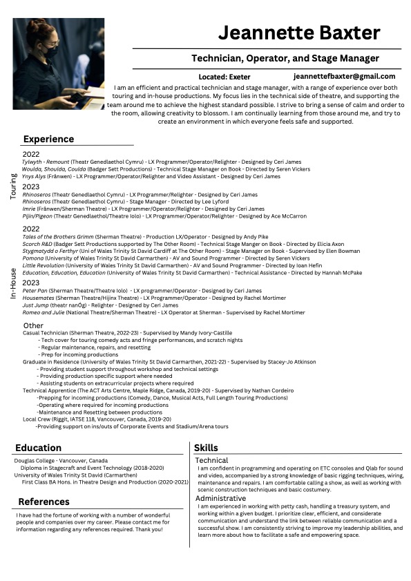 That time of year again! I'm a technician and stage manager looking for work in the spring/late summer through the rest of the year. Drop me a message if you're looking for someone! 
#stagemanager #technicaltheatre #theatretechnician
